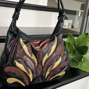Vintage genuine leather shoulder handbag purse patchwork like new black brown